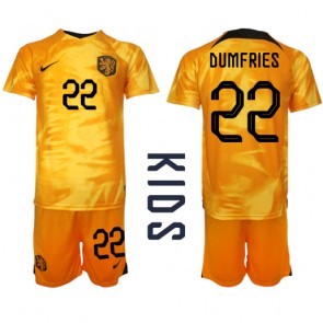Holandia Denzel Dumfries #22 Koszulka Podstawowych Dziecięca MŚ 2022 Krótki Rękaw (+ Krótkie spodenki)
